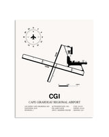 Gray Cape Girardeau Regional Airport framed poster displayed in an airplane hangar