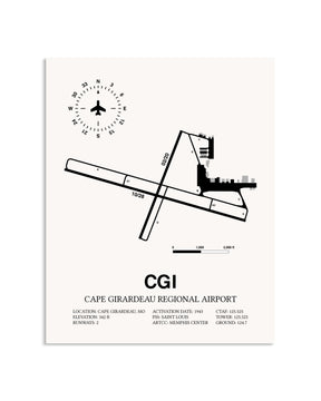 Gray Cape Girardeau Regional Airport framed poster displayed in an airplane hangar