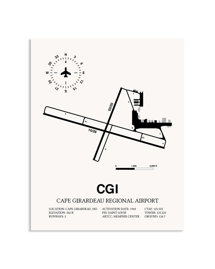 Gray Cape Girardeau Regional Airport framed poster displayed in an airplane hangar