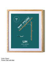 Lihue Airport airport map poster in oak frame with mat