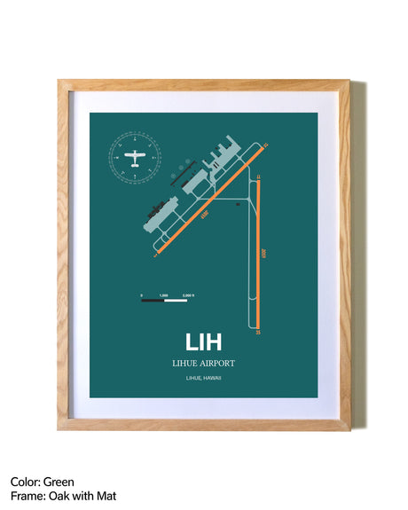 Lihue Airport airport map poster in oak frame with mat