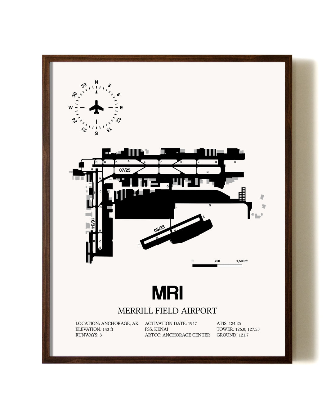 Merrill Field Airport aviation print in walnut frame