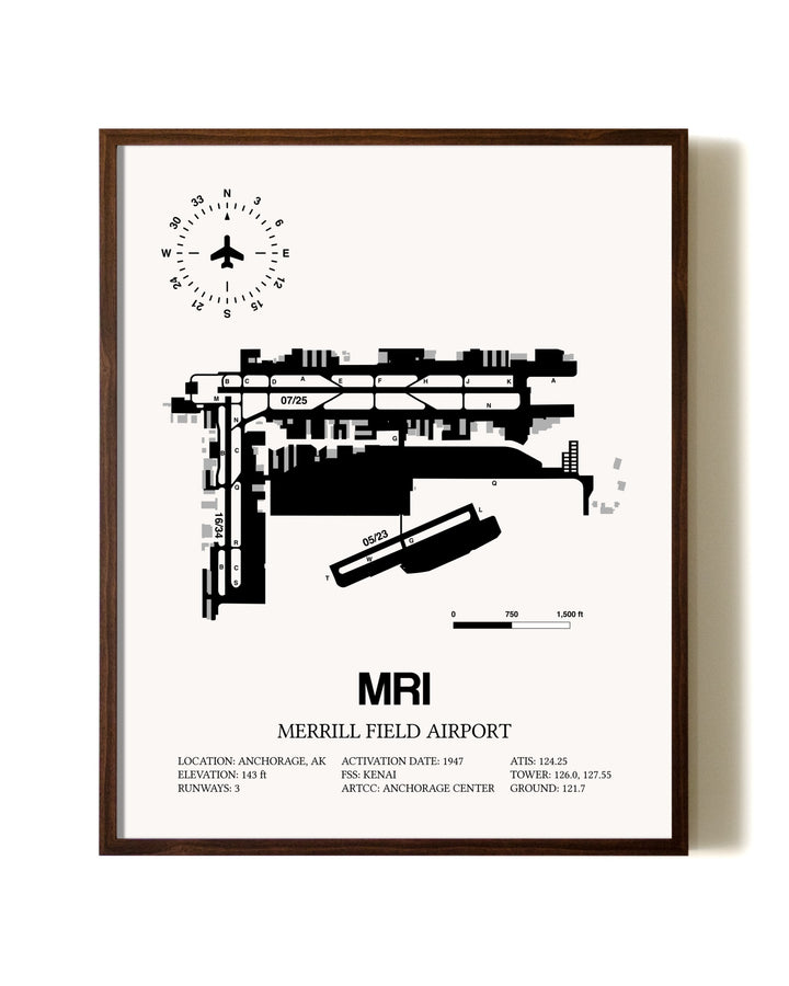 Merrill Field Airport aviation print in walnut frame