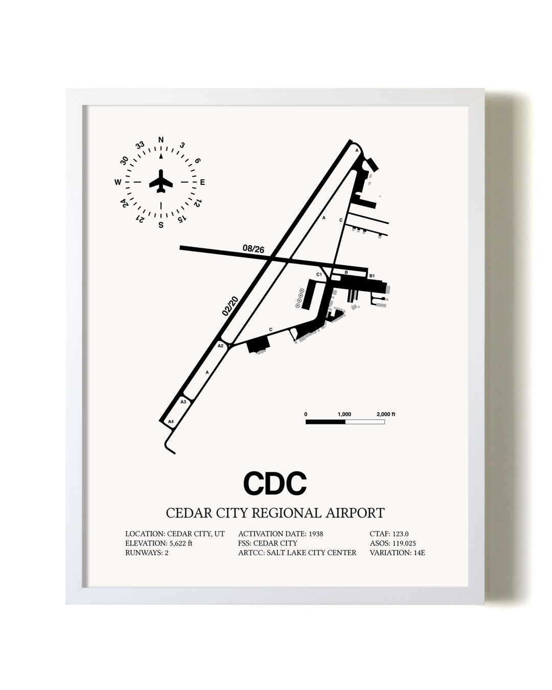 Cedar City Regional Airport airport map poster in oak frame