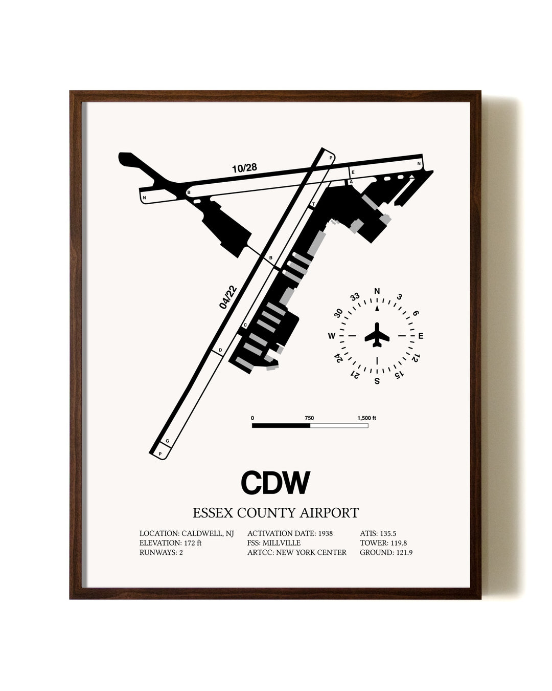 Essex County Airport aviation print in walnut frame