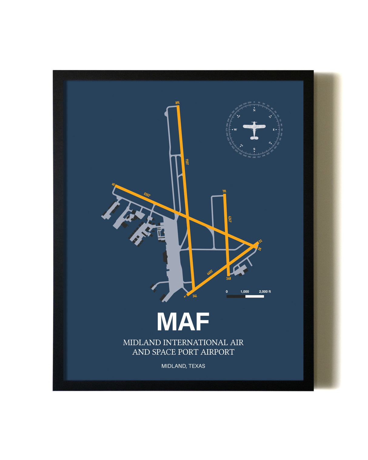 Blue and Yellow Framed Midland International Air and Space Port Airport wall art poster in black frame