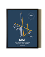 Blue and Yellow Framed Midland International Air and Space Port Airport wall art poster in black frame