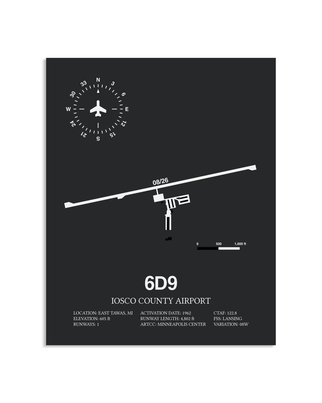 Gray Framed Iosco County Airport layout wall art poster