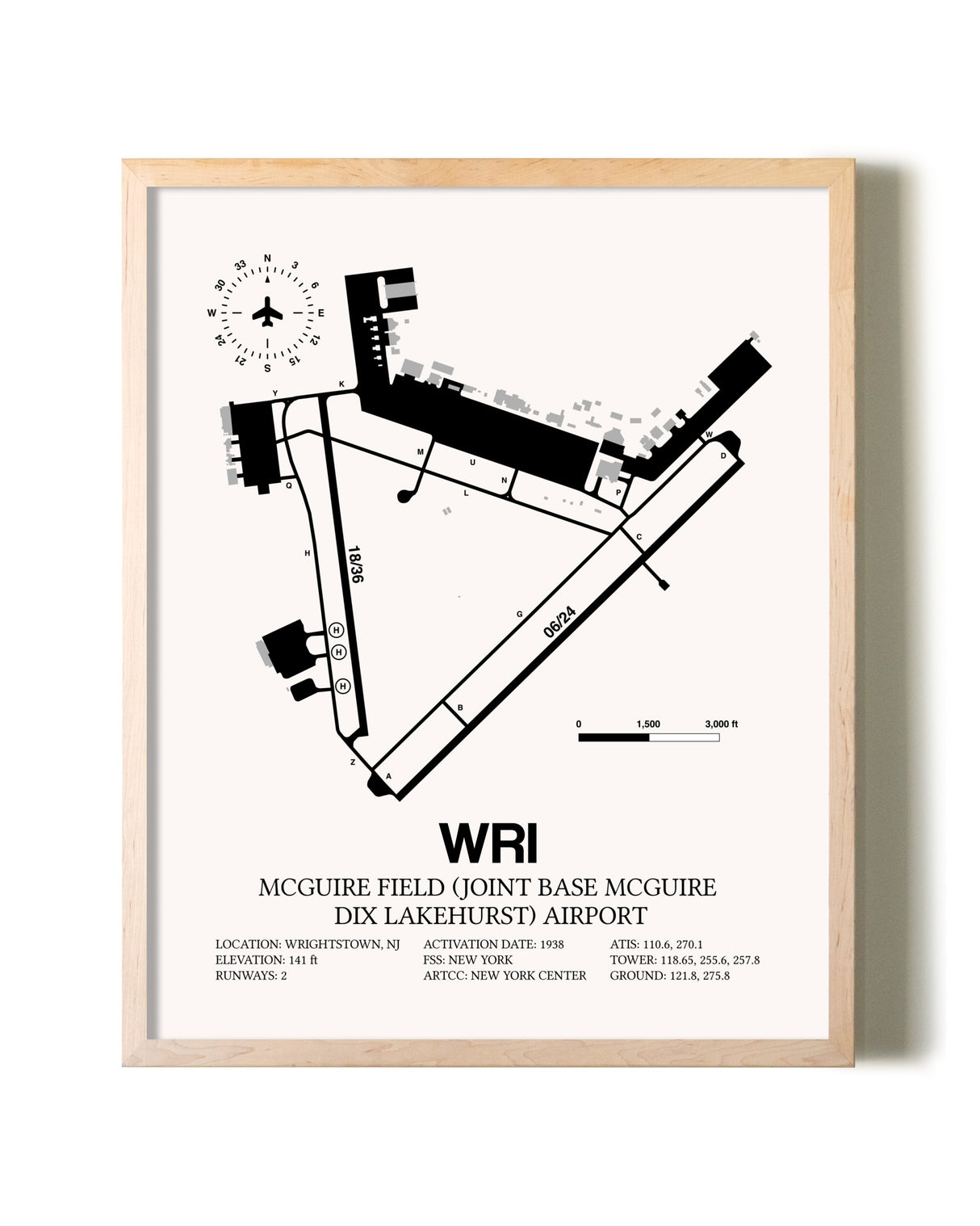 McGuire Field (Joint Base McGuire Dix Lakehurst) Airport framed wall art in white frame