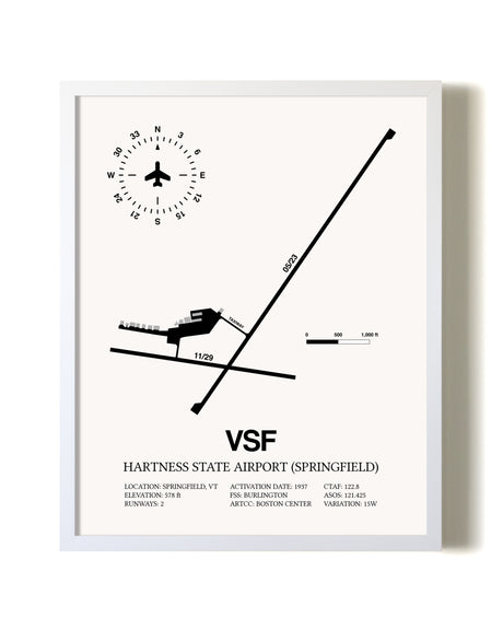Hartness State Airport (Springfield) airport map poster in oak frame