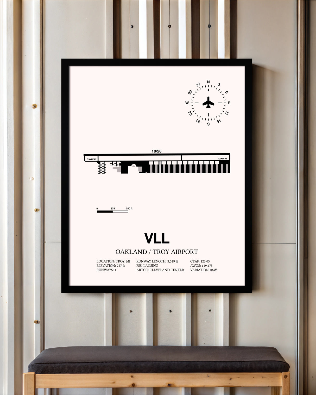 Oakland / Troy Airport framed poster displayed in an airplane hangar