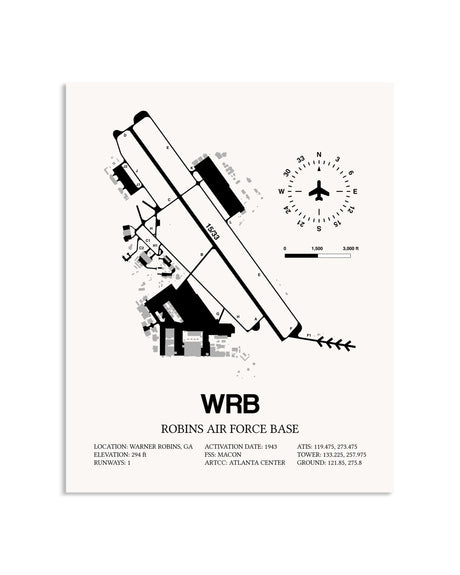 Gray Robins Air Force Base framed poster displayed in an airplane hangar