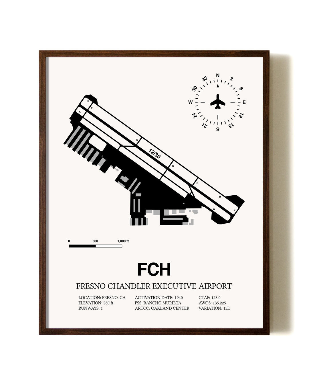Fresno Chandler Executive Airport aviation print in walnut frame