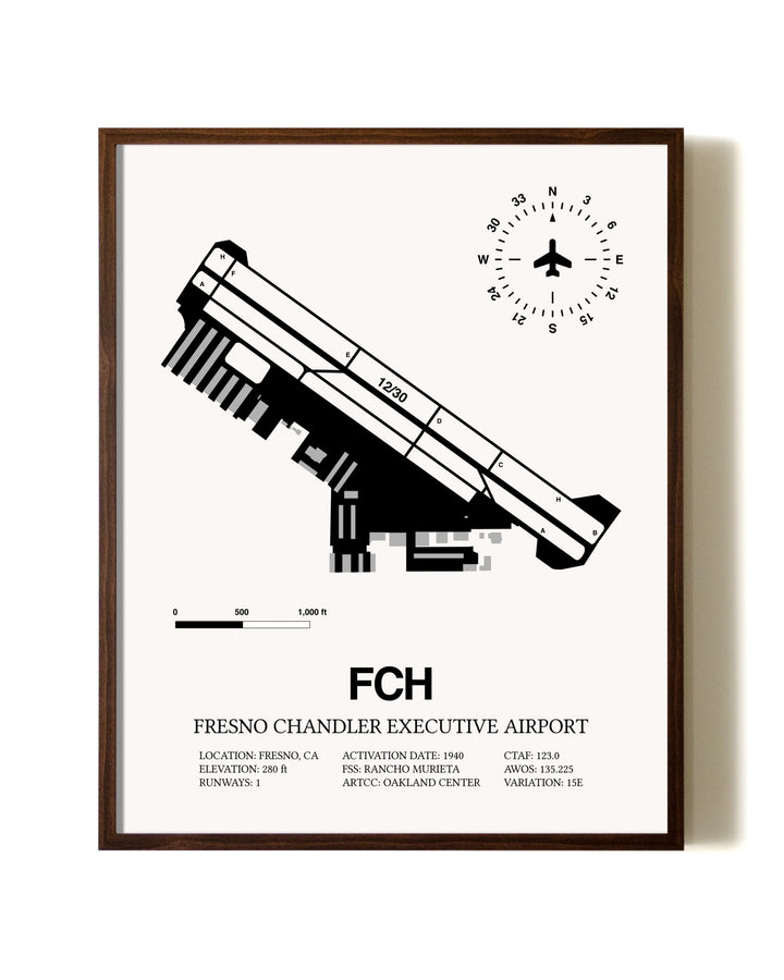 Fresno Chandler Executive Airport aviation print in walnut frame
