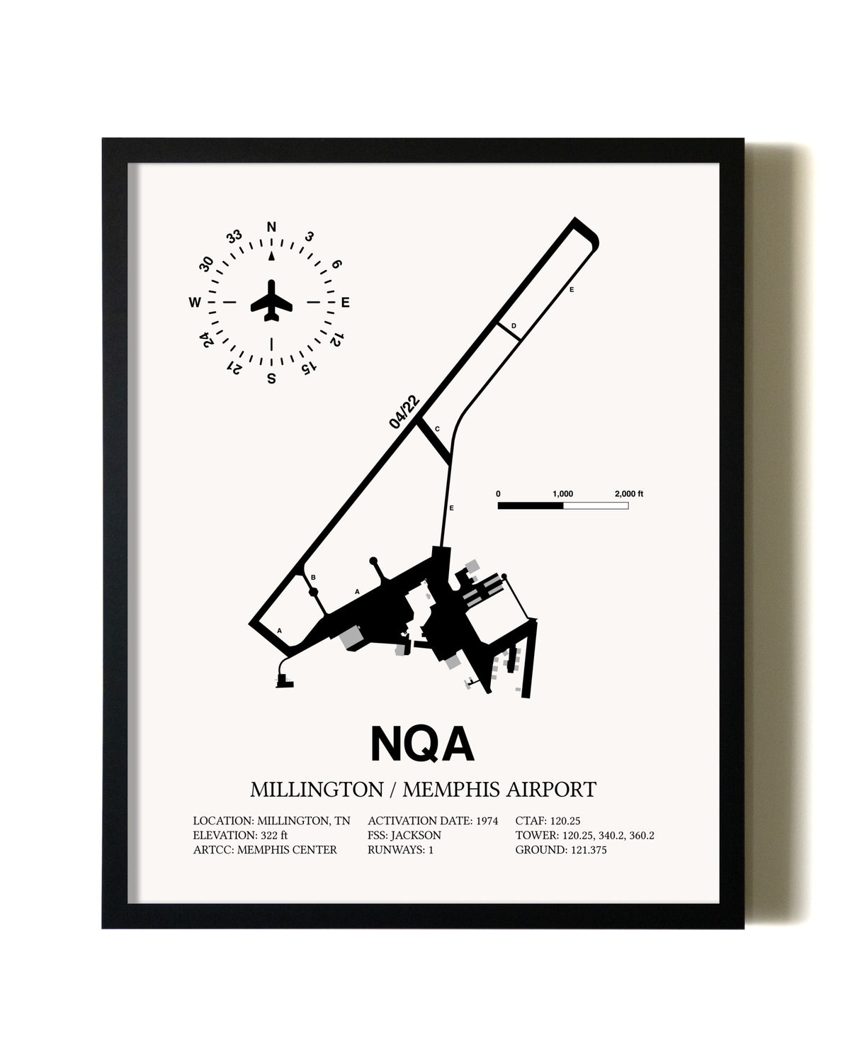Framed Millington / Memphis Airport wall art poster in black frame