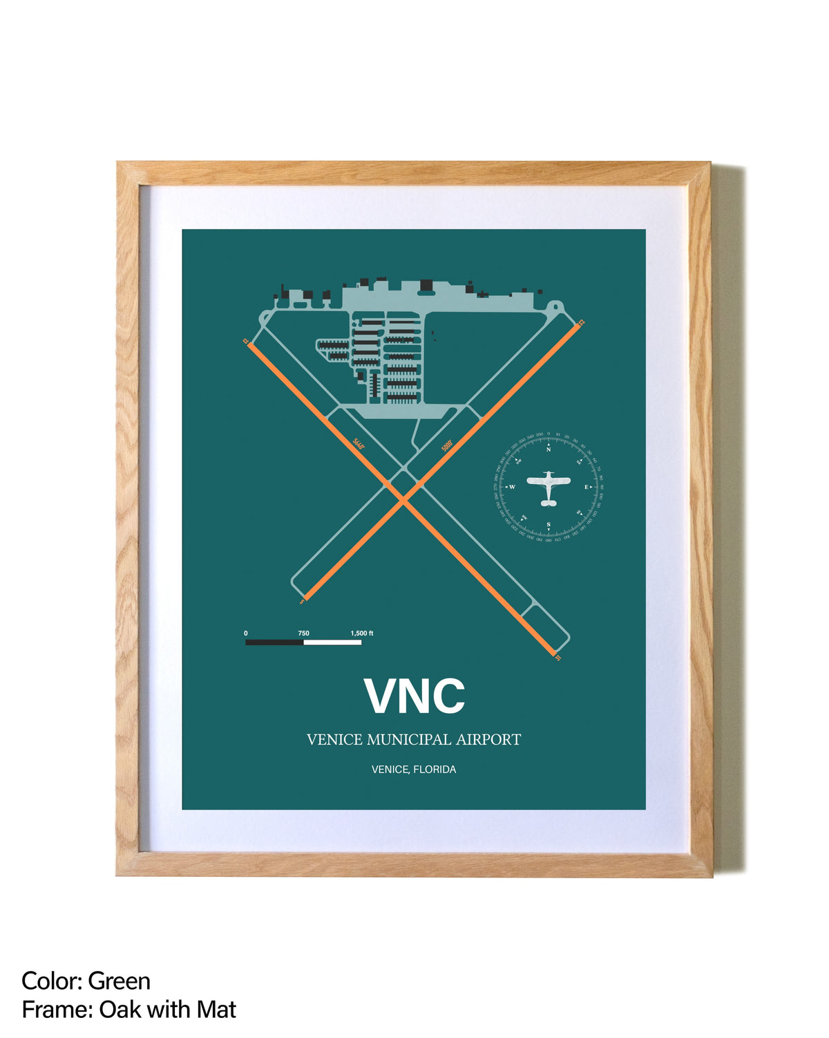 Venice Municipal Airport airport map poster in oak frame with mat