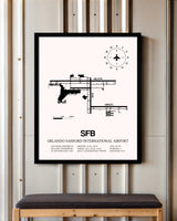 Orlando Sanford International Airport framed poster displayed in an airplane hangar