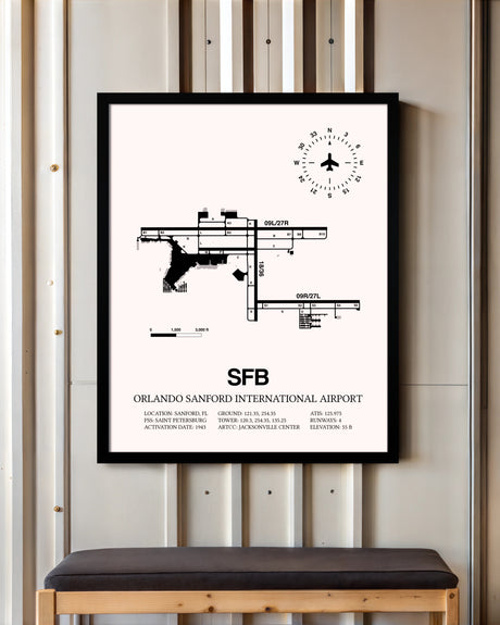 Orlando Sanford International Airport framed poster displayed in an airplane hangar