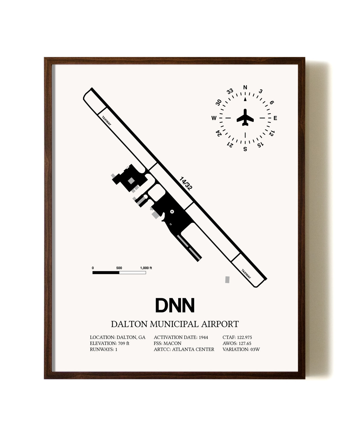 Dalton Municipal Airport aviation print in walnut frame