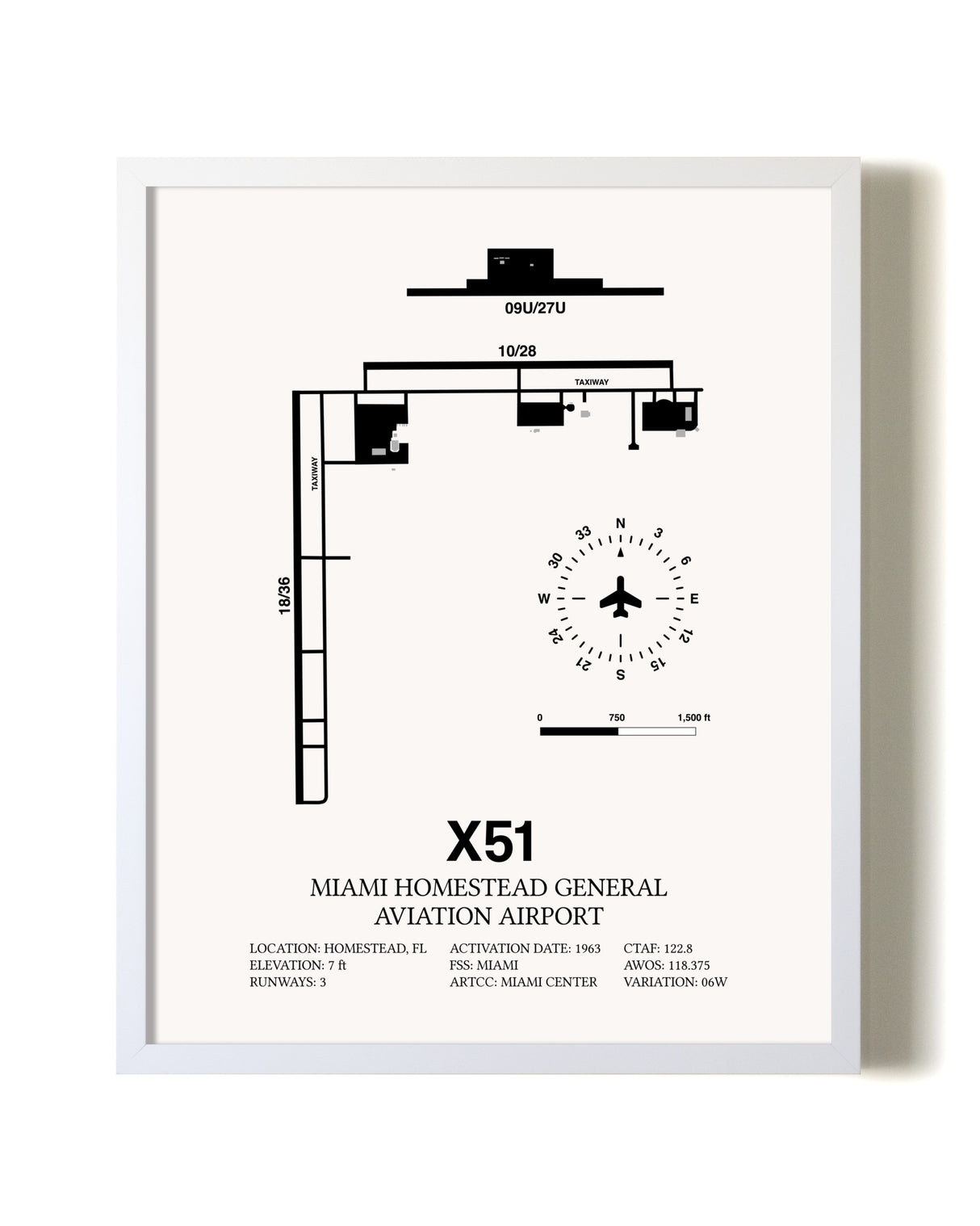 Miami Homestead General Aviation Airport airport map poster in oak frame