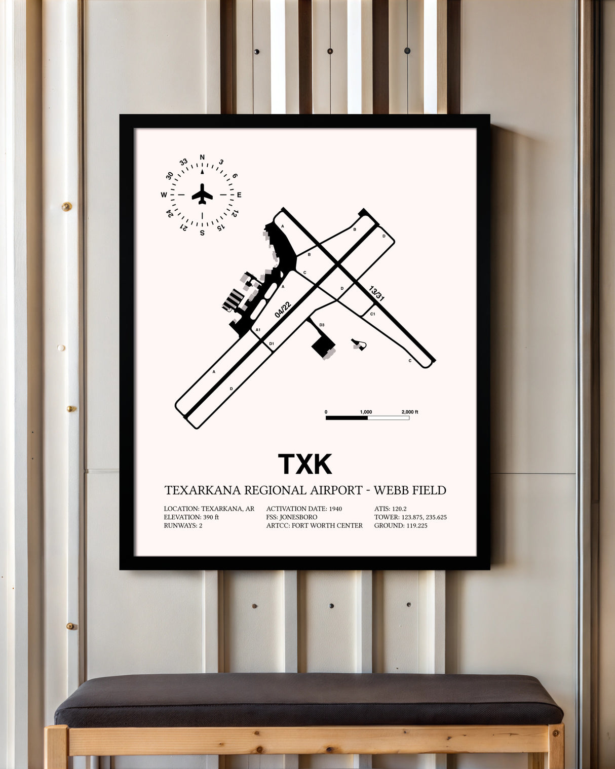 Texarkana Regional Airport-Webb Field framed poster displayed in an airplane hangar