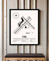 Texarkana Regional Airport-Webb Field framed poster displayed in an airplane hangar