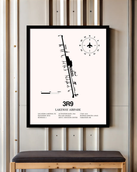 Lakeway Airpark framed poster displayed in an airplane hangar