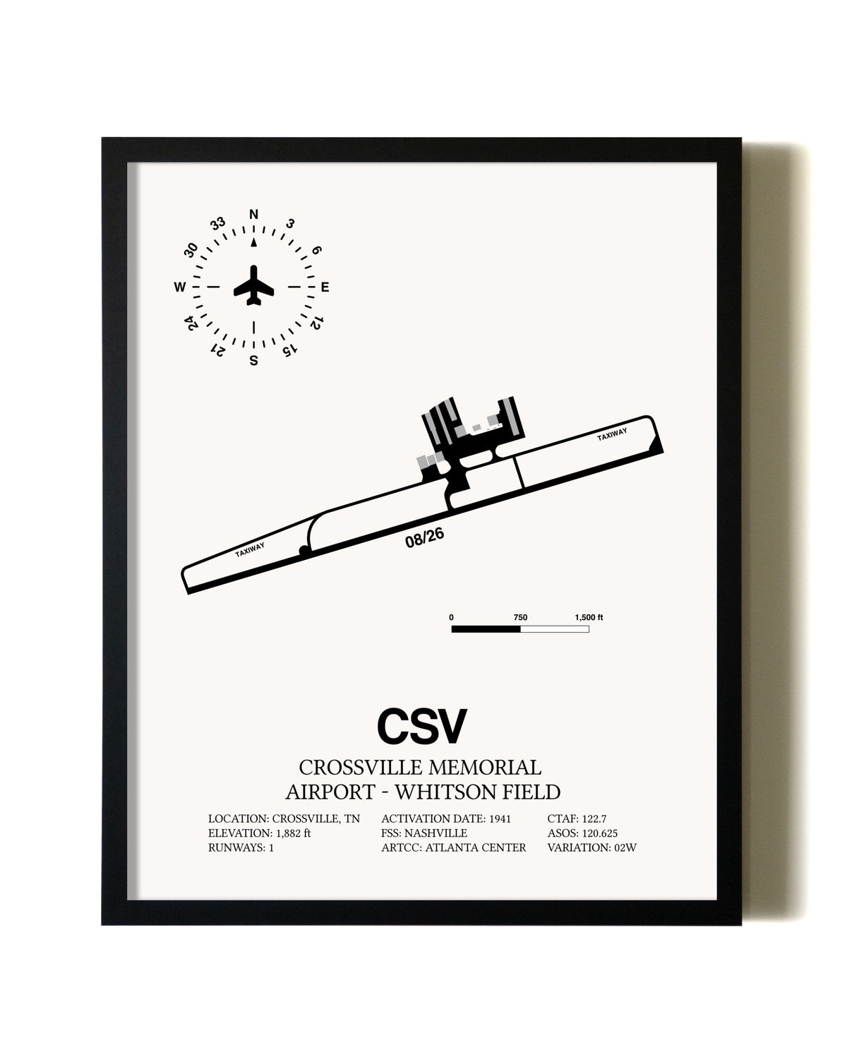 Framed Crossville Memorial Airport-Whitson Field wall art poster in black frame