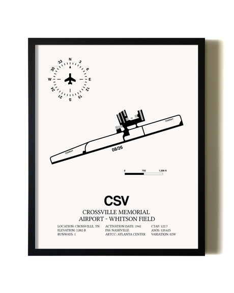 Framed Crossville Memorial Airport-Whitson Field wall art poster in black frame