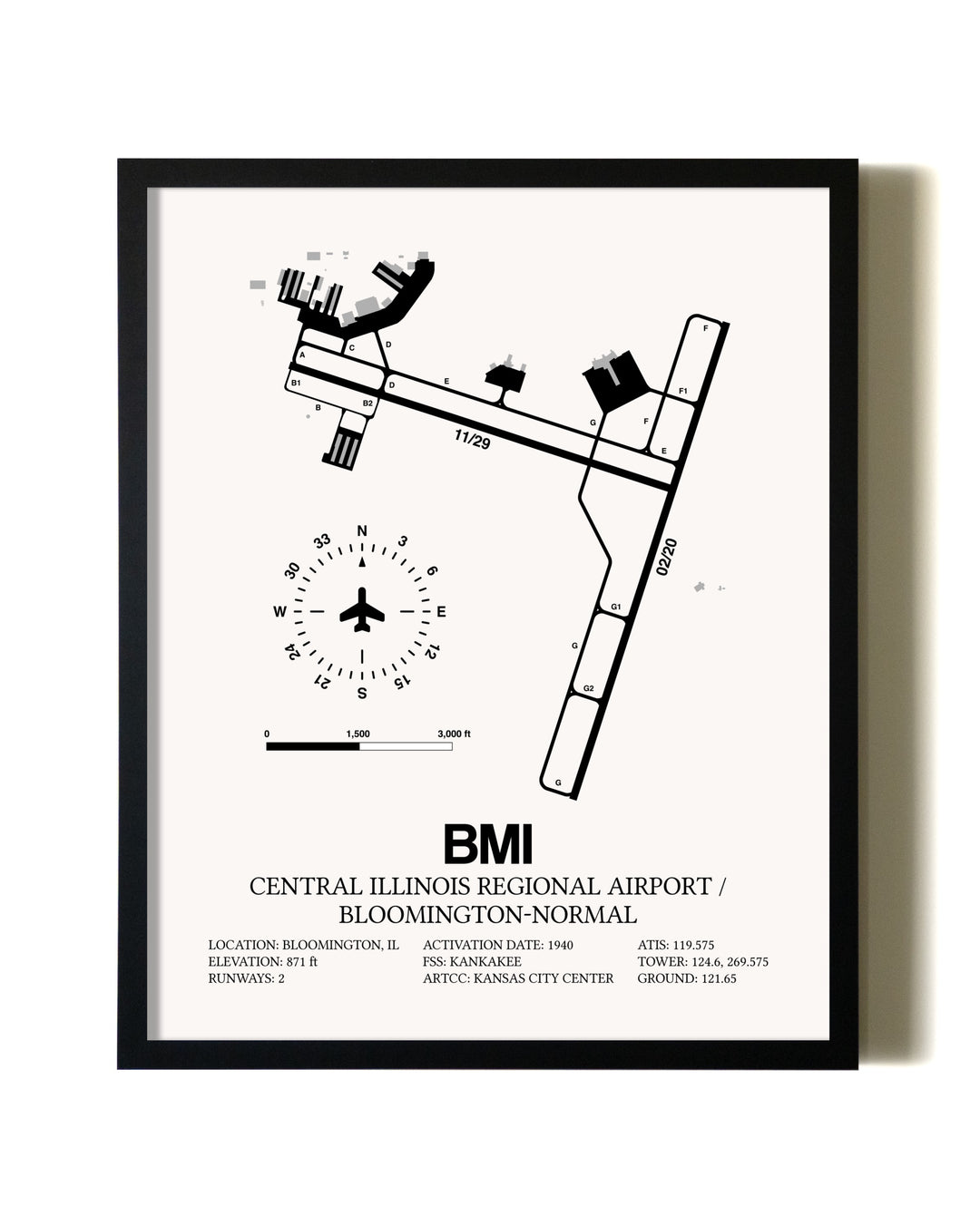 Framed Central Illinois Regional Airport / Bloomington-Normal wall art poster in black frame
