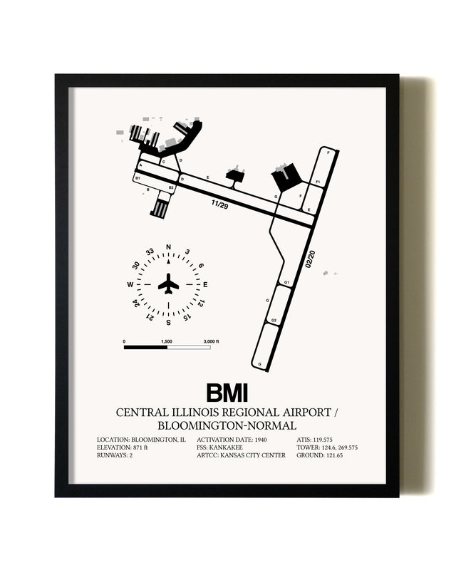 Framed Central Illinois Regional Airport / Bloomington-Normal wall art poster in black frame
