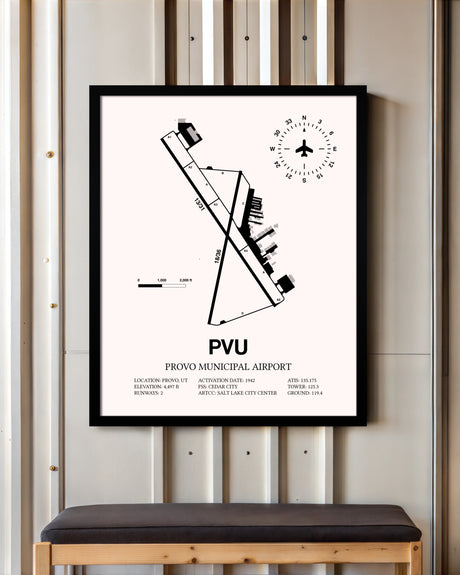 Provo Municipal Airport framed poster displayed in an airplane hangar