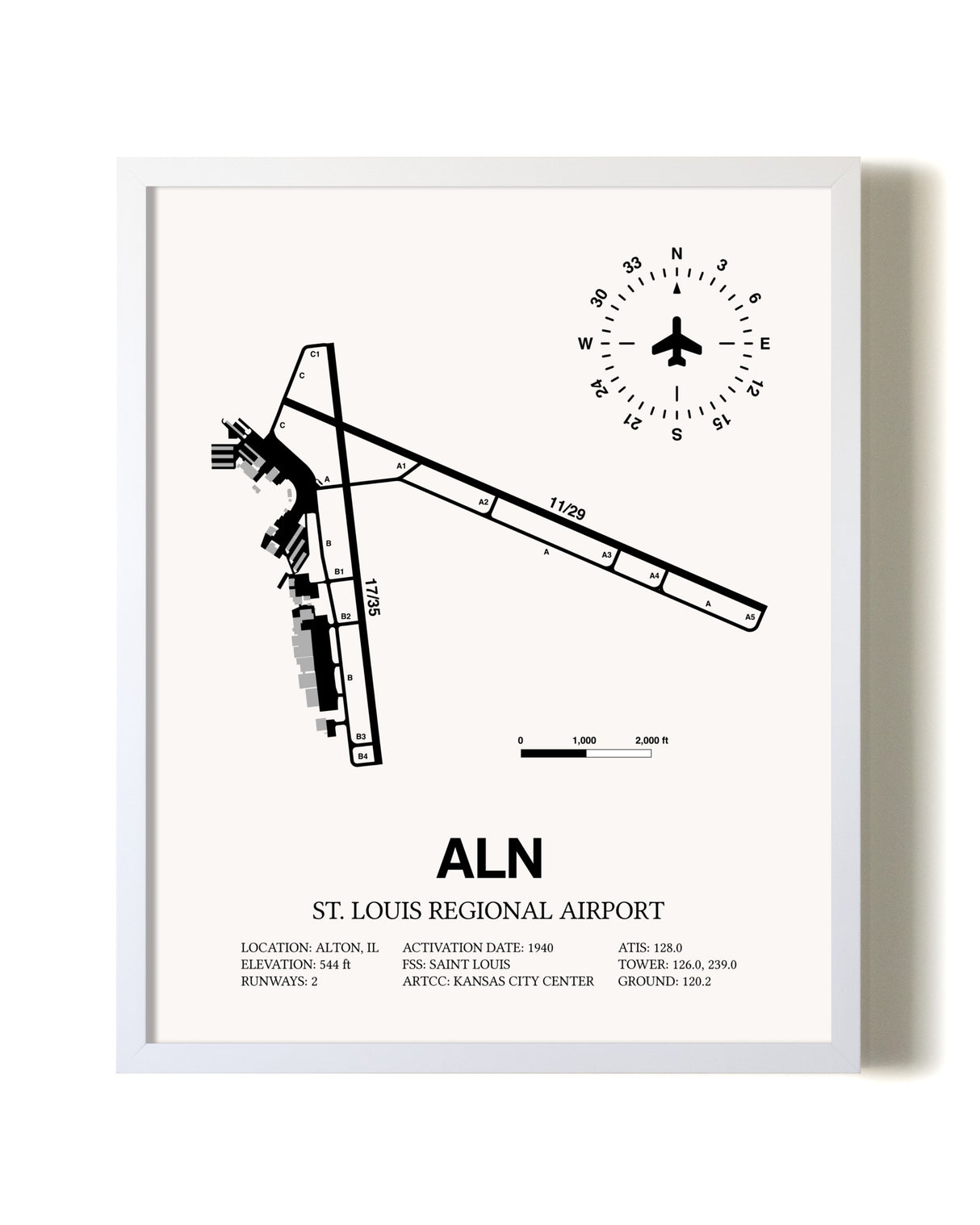 St. Louis Regional Airport airport map poster in oak frame