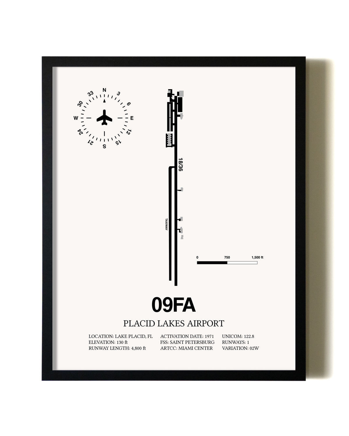Framed Placid Lakes Airport wall art poster in black frame