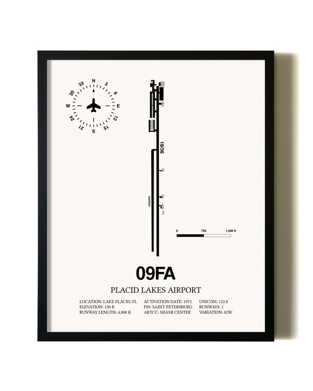 Framed Placid Lakes Airport wall art poster in black frame