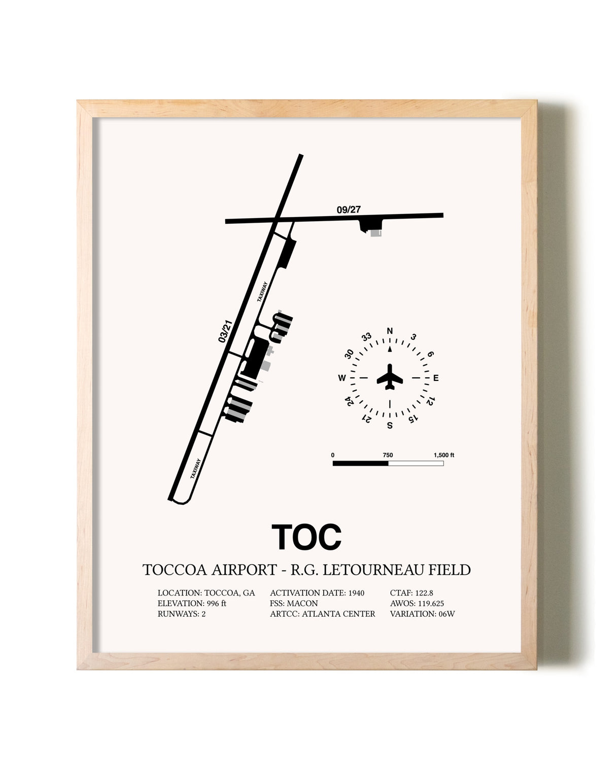 Toccoa Airport - R.G. Letourneau Field framed wall art in white frame
