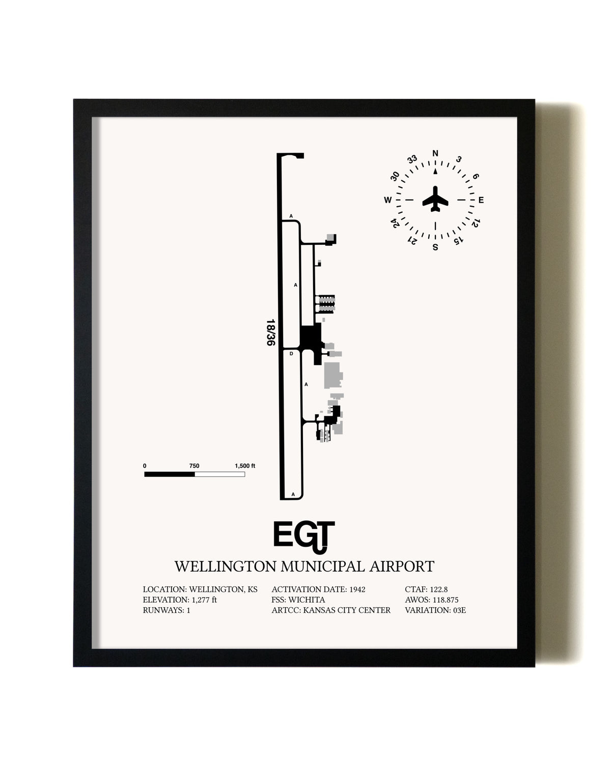 Framed Wellington Municipal Airport wall art poster in black frame