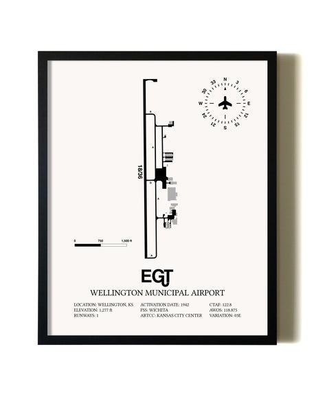 Framed Wellington Municipal Airport wall art poster in black frame