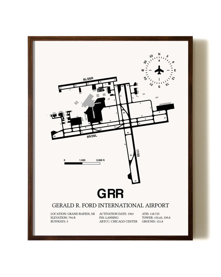 Gerald R. Ford International Airport aviation print in walnut frame