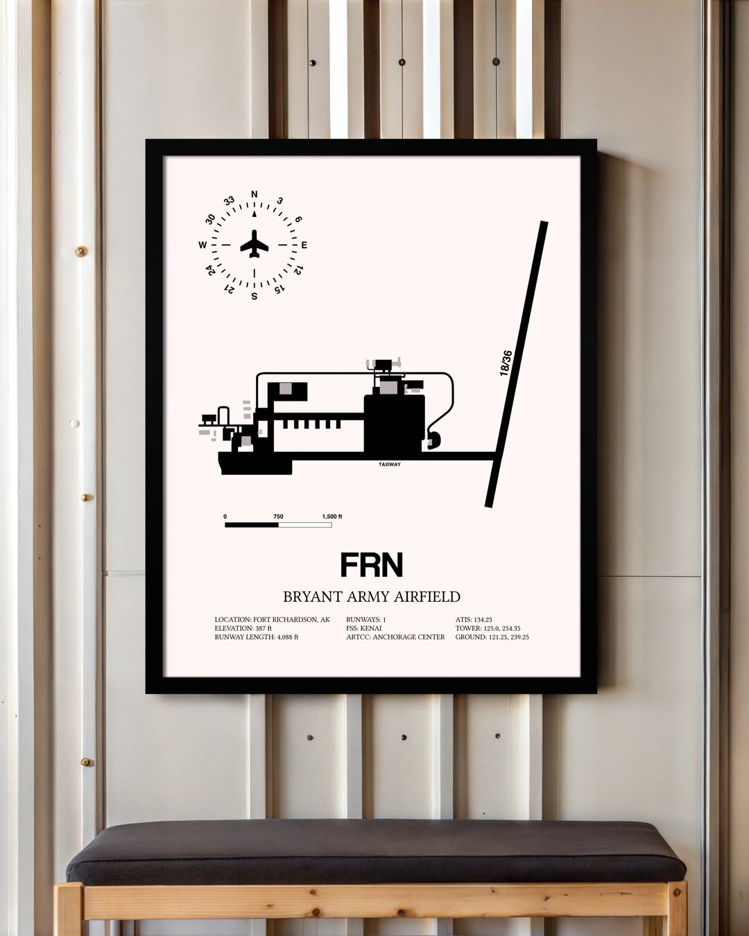 Bryant Army Airfield framed poster displayed in an airplane hangar