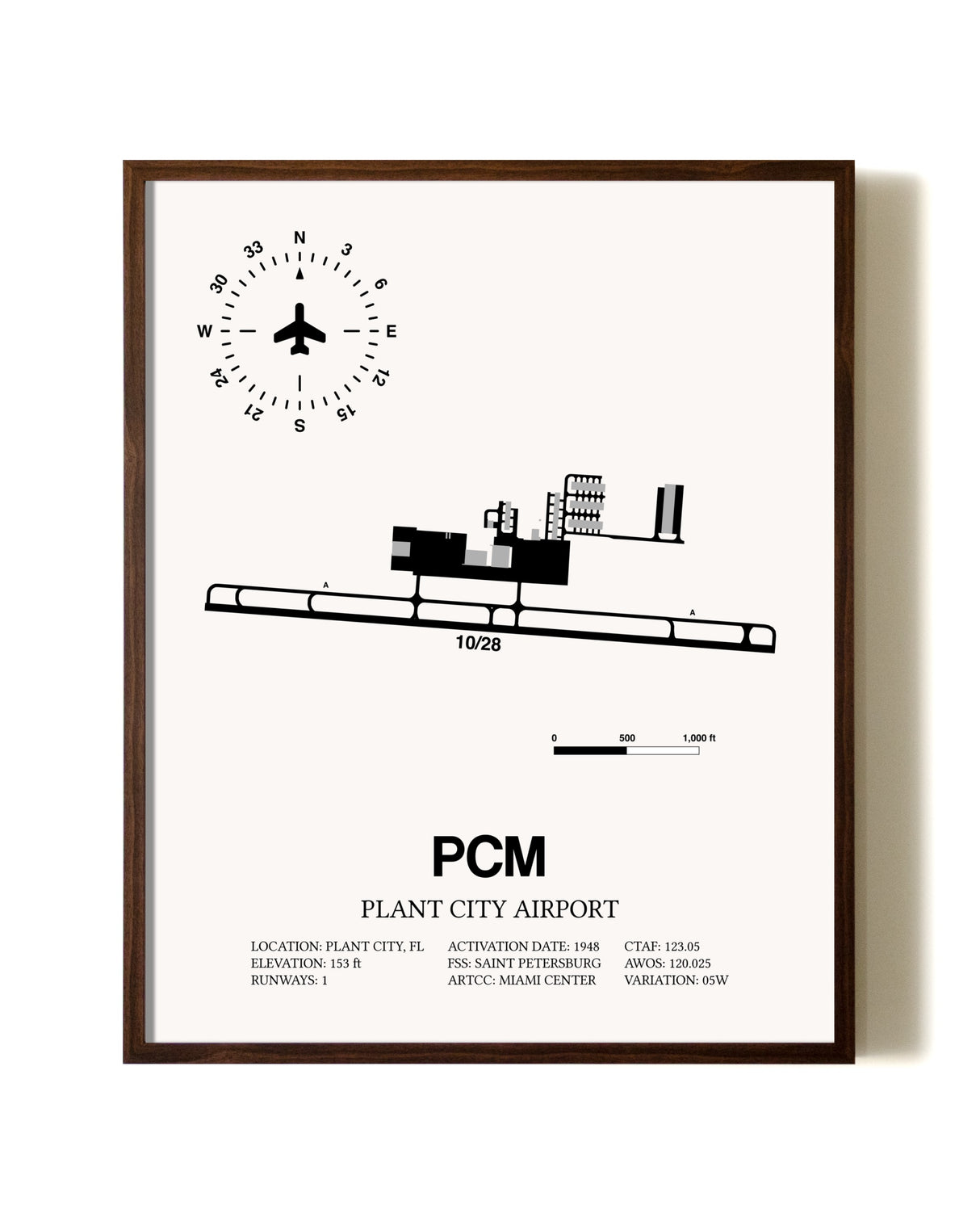 Plant City Airport aviation print in walnut frame
