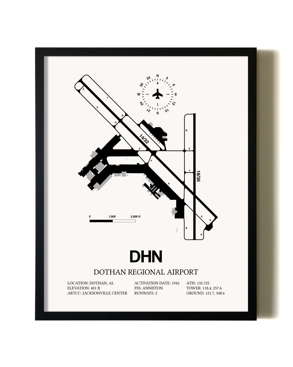 Framed Dothan Regional Airport wall art poster in black frame
