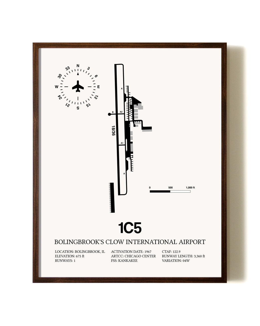 Bolingbrook's Clow International Airport aviation print in walnut frame