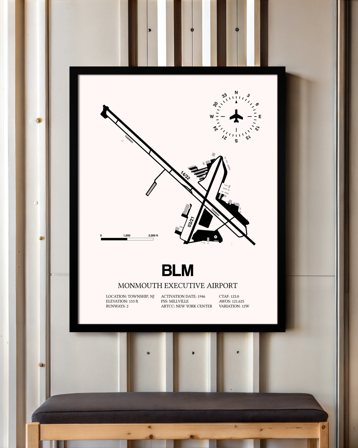 Monmouth Executive Airport framed poster displayed in an airplane hangar