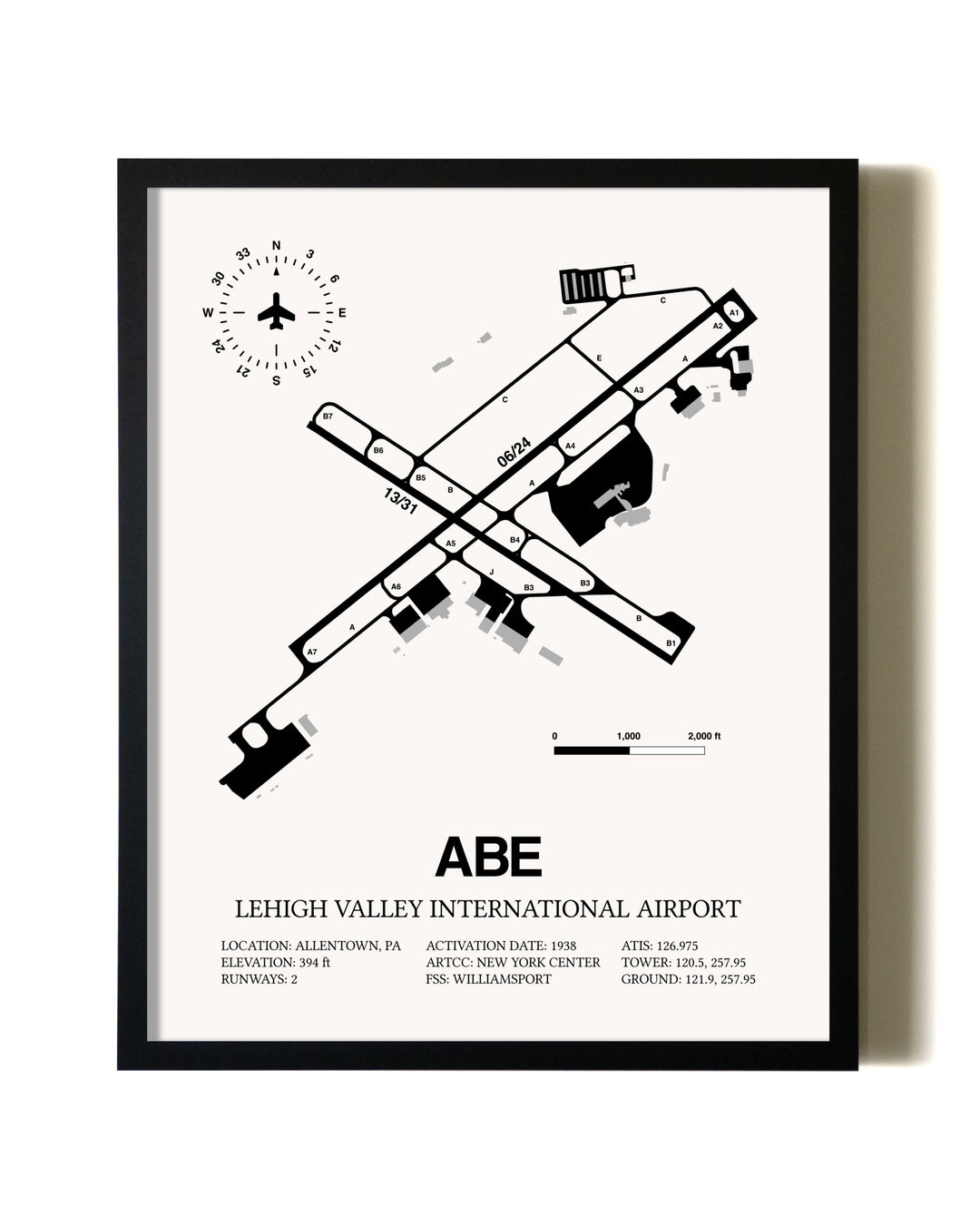 Framed Lehigh Valley International Airport wall art poster in black frame