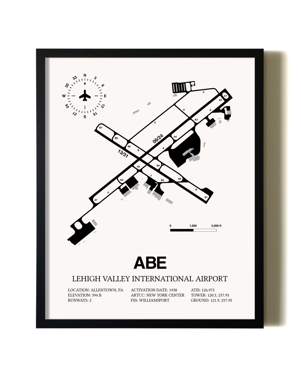 Framed Lehigh Valley International Airport wall art poster in black frame