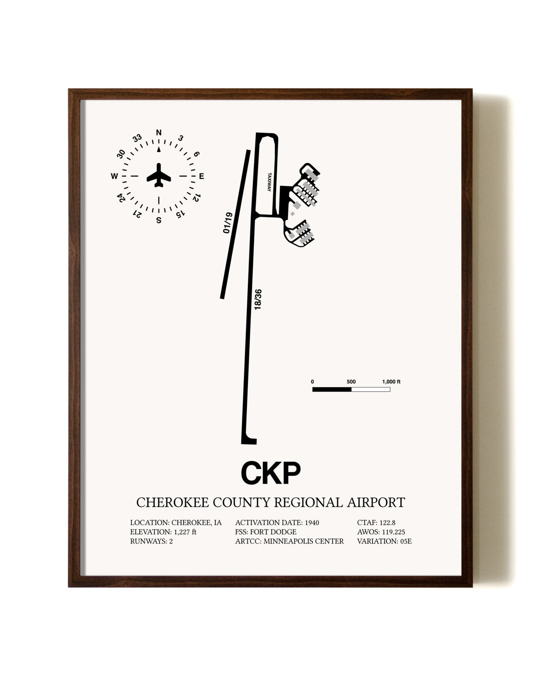 Cherokee County Regional Airport aviation print in walnut frame