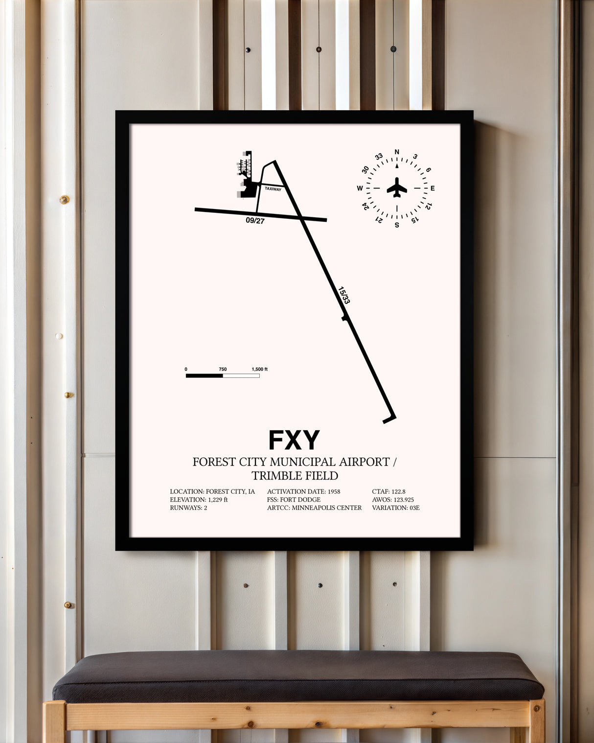 Forest City Municipal Airport / Trimble Field framed poster displayed in an airplane hangar
