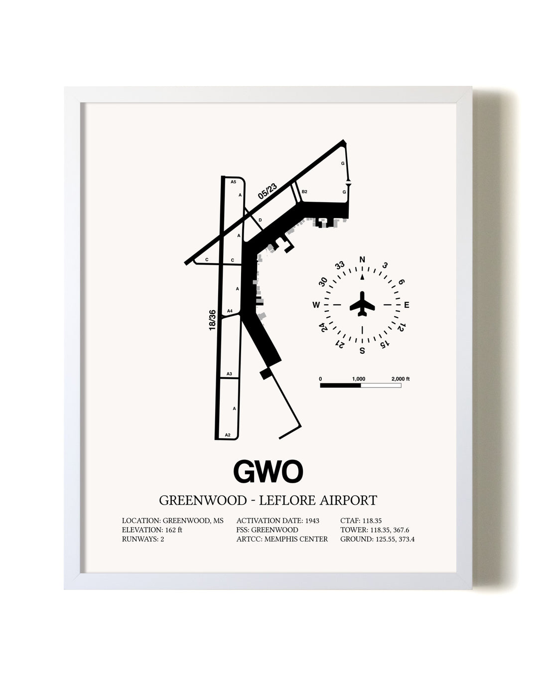 Greenwood-Leflore Airport airport map poster in oak frame