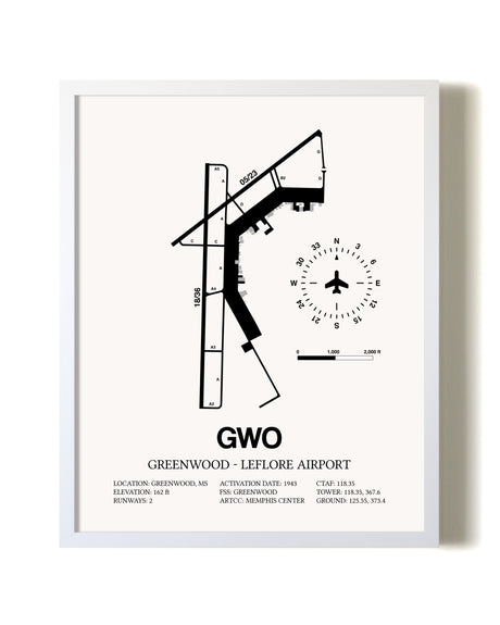 Greenwood-Leflore Airport airport map poster in oak frame